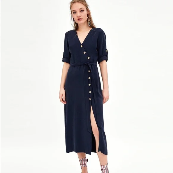 zara navy midi dress Zara Mixed Fabric Satin Striped Midi Dress Navy Med NWT
